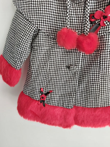 Girl's Houndstooth Coat with red faux fur & Hat