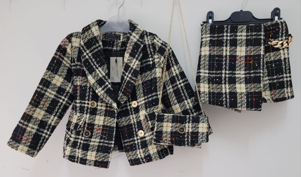 Girl's Biege & Black Check Sparkly Tweed 3 Piece skort, jacket & bag suit set