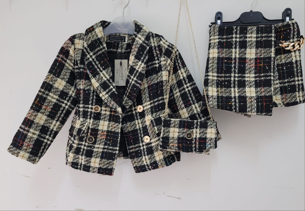 Girl's Biege & Black Check Sparkly Tweed 3 Piece skort, jacket & bag suit set