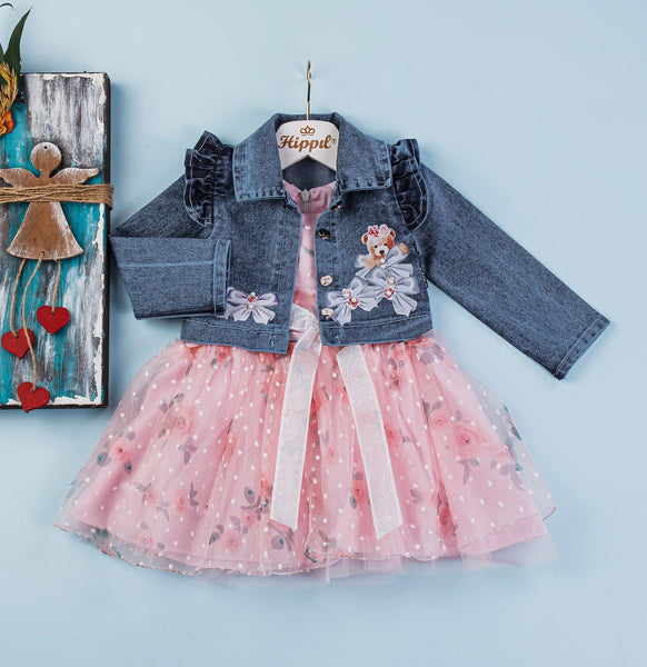 Girls Peach party dress with Teddy Bear denim jacket
