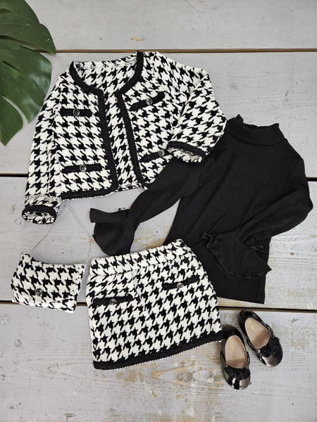 Girl's Black & White Houndstooth Jacket, Skirt, Bag & Top Set