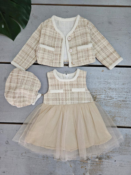 Girl's Tweed Beige & Cream Dress, Jacket and Beret Hat