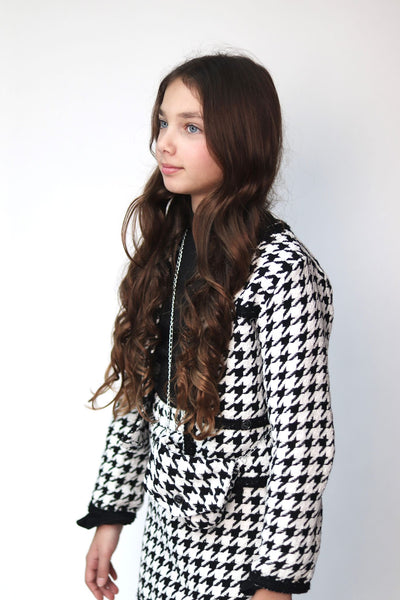 Girl's Black & White Houndstooth Jacket, Skirt, Bag & Top Set
