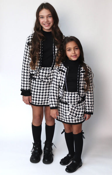 Girl's Black & White Houndstooth Jacket, Skirt, Bag & Top Set