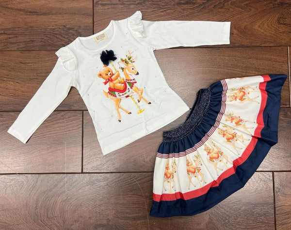 Girl's Navy Carousel Bear & Reindeer Style Top & Skirt Set