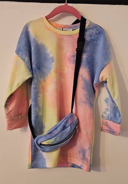 Girl's Pink, blue & yellow tie die jumper dress & matching bum bag