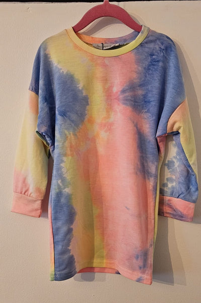 Girl's Pink, blue & yellow tie die jumper dress & matching bum bag