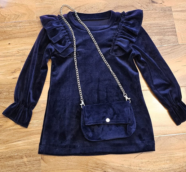 Girl's Navy Velvet Dress with Frill Shoulders & matching handbag
