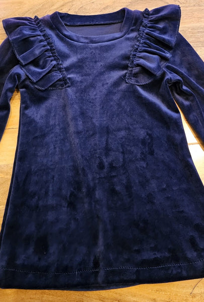 Girl's Navy Velvet Dress with Frill Shoulders & matching handbag