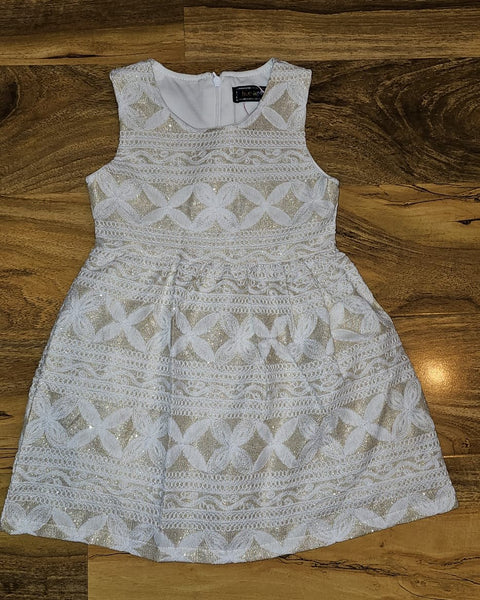 Baby Girl's Gold Sparkly dress, crop jacket with white faux fur trim, leggings & hat