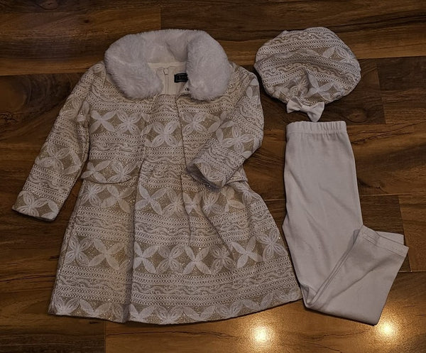 Baby Girl's Gold Sparkly dress, crop jacket with white faux fur trim, leggings & hat