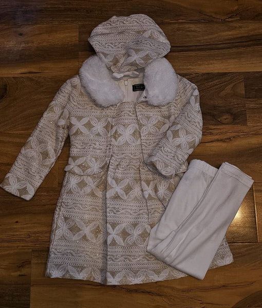 Baby Girl's Gold Sparkly dress, crop jacket with white faux fur trim, leggings & hat