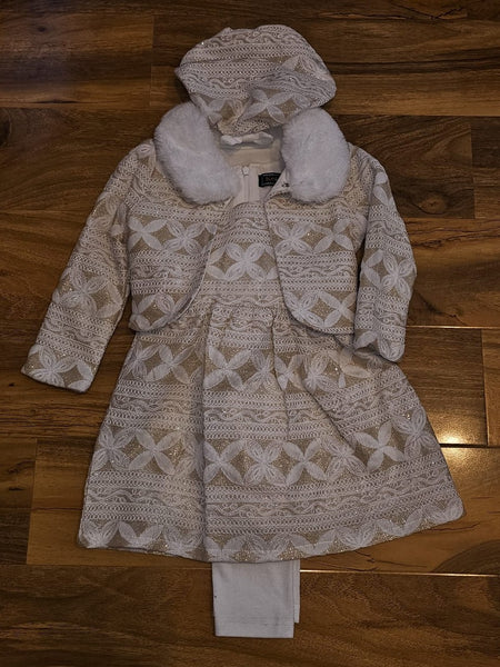 Baby Girl's Gold Sparkly dress, crop jacket with white faux fur trim, leggings & hat