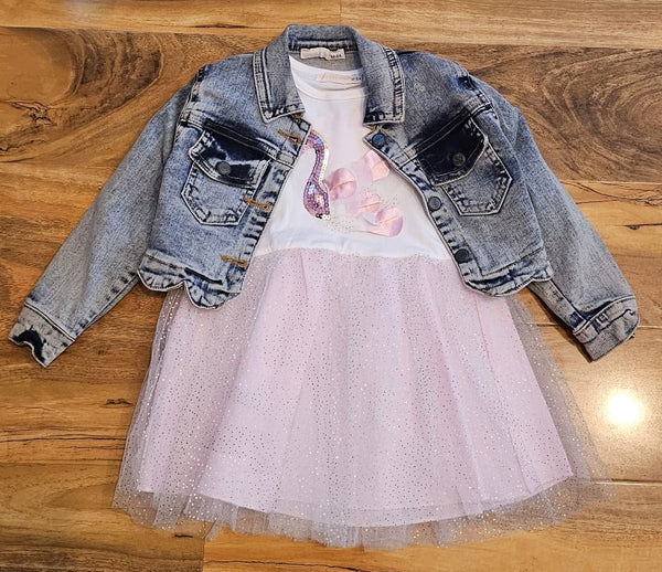 Baby Girl's Swan Princess denim jacket & Pink sparkly dress