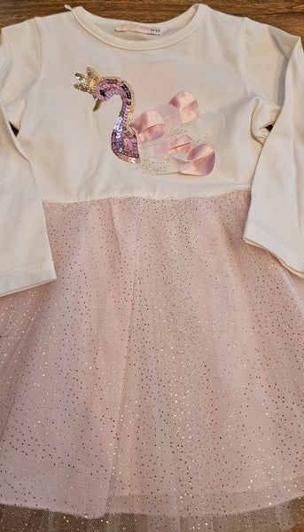 Baby Girl's Swan Princess denim jacket & Pink sparkly dress