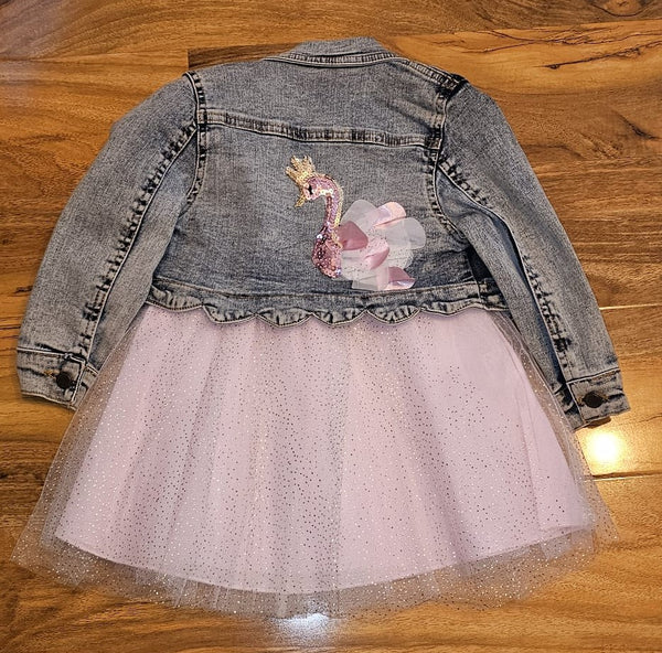 Baby Girl's Swan Princess denim jacket & Pink sparkly dress