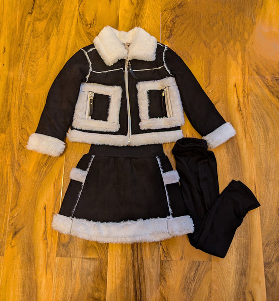 Black faux suede jacket with white faux fur trim, skirt & leggings set