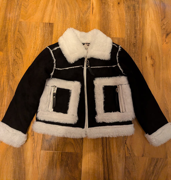 Black faux suede jacket with white faux fur trim, skirt & leggings set