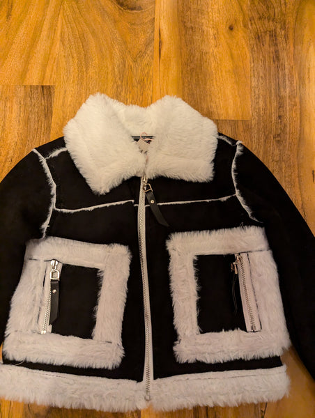 Black faux suede jacket with white faux fur trim, skirt & leggings set