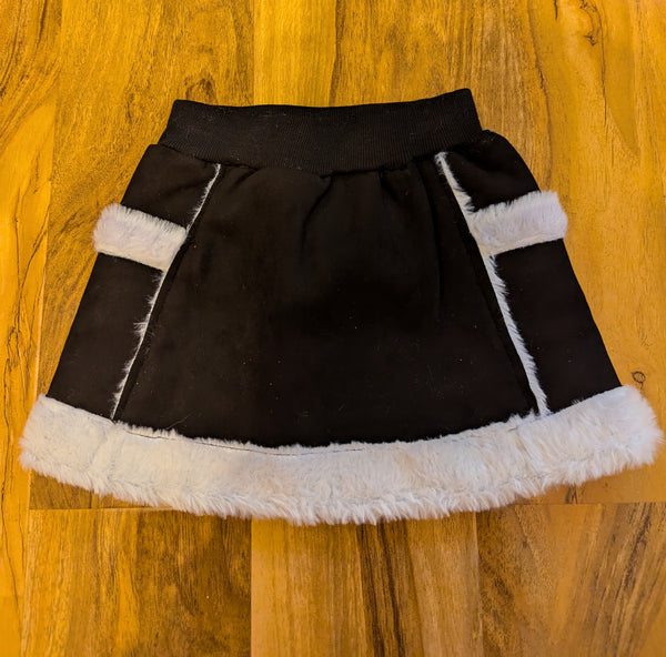 Black faux suede jacket with white faux fur trim, skirt & leggings set