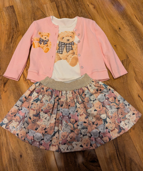 Girl's Pink Cute Teddy Skirt, Long sleeve Top & Cardigan Set