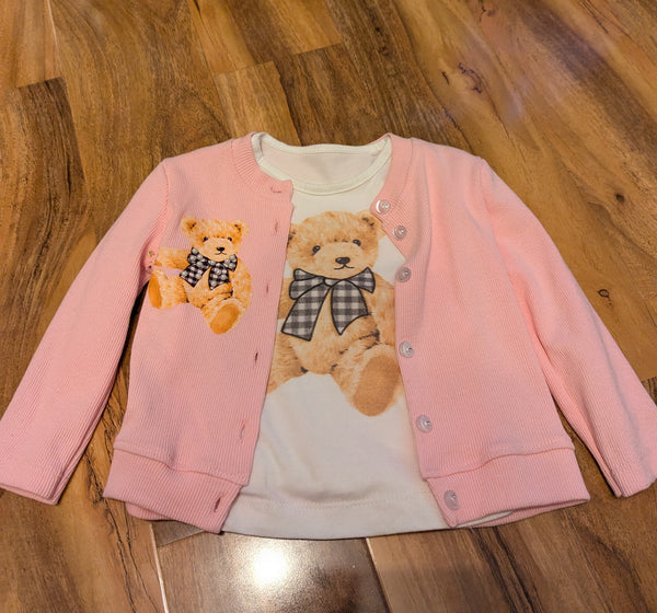 Girl's Pink Cute Teddy Skirt, Long sleeve Top & Cardigan Set