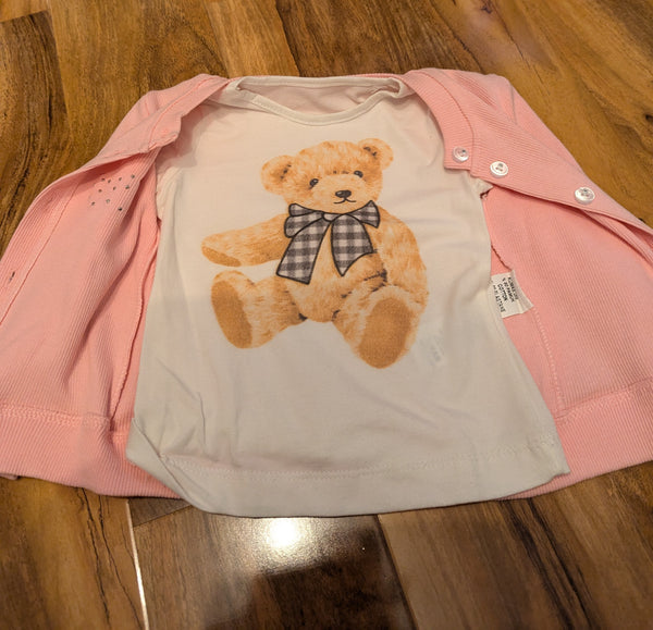 Girl's Pink Cute Teddy Skirt, Long sleeve Top & Cardigan Set