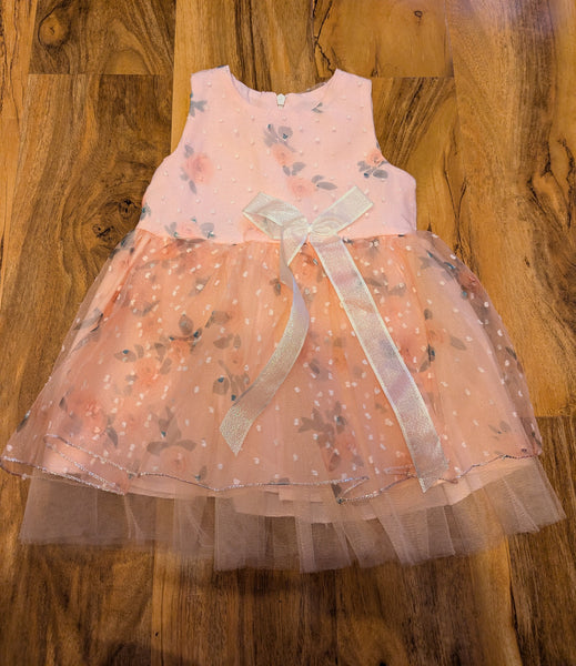 Girls Peach party dress with Teddy Bear denim jacket