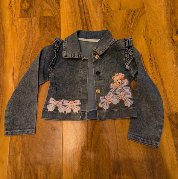 Girls Peach party dress with Teddy Bear denim jacket