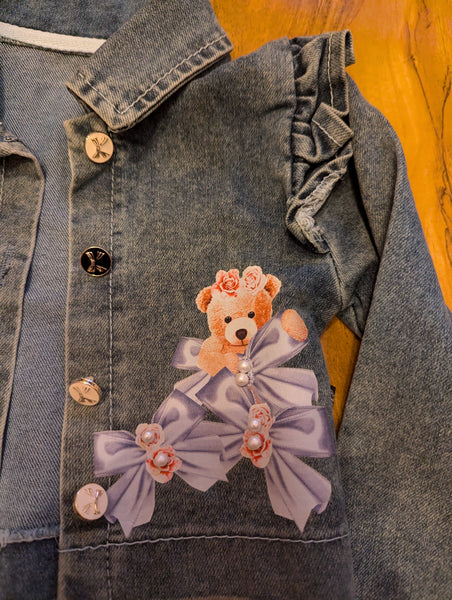 Girls Peach party dress with Teddy Bear denim jacket