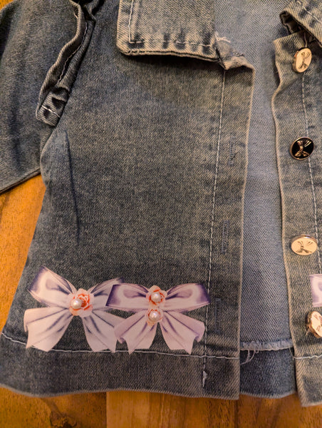 Girls Peach party dress with Teddy Bear denim jacket