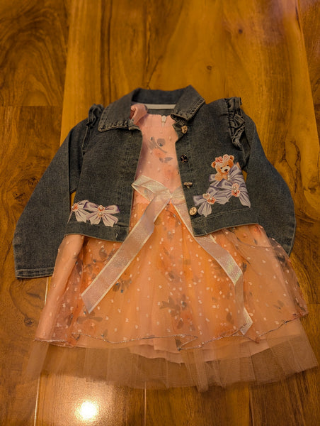 Girls Peach party dress with Teddy Bear denim jacket