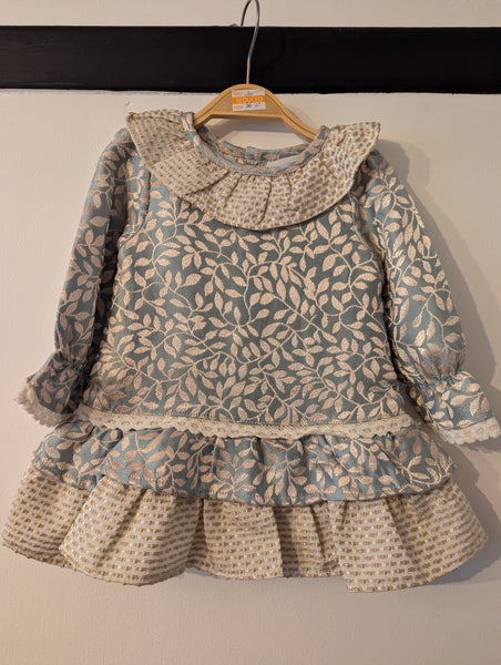 Newness Couture Baby Girl's Spanish Green, Cream & Gold floral dress with frills