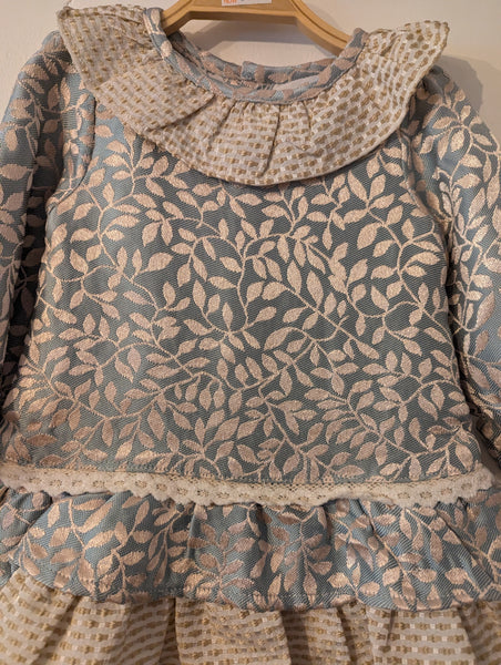 Newness Couture Baby Girl's Spanish Green, Cream & Gold floral dress with frills