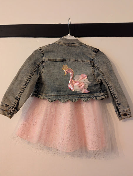 Baby Girl's Swan Princess denim jacket & Pink sparkly dress