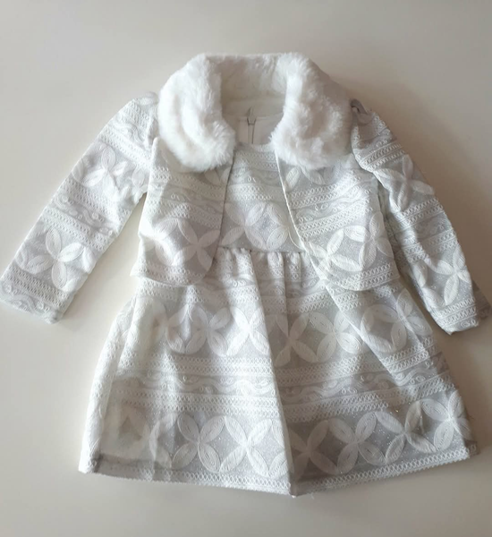 Baby Girl's Winter Silver and White Dress, jacket, leggings & hat