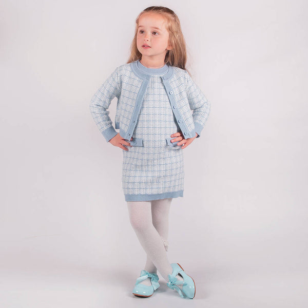Beau KiD Baby blue & Ivory knitted dress & Cardigan Set