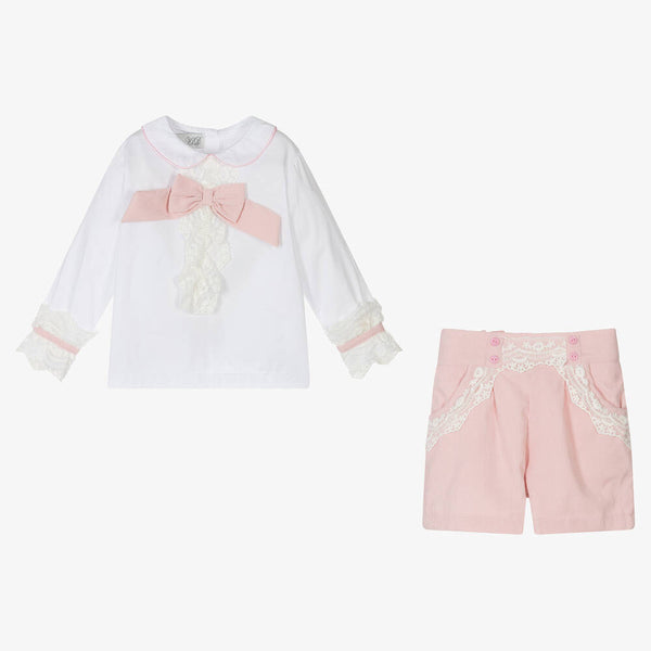 Girl's Beau KiD pink corduroy short set with white Bow ruffle Shirt Set
