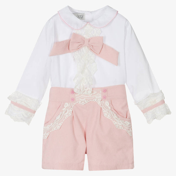 Girl's Beau KiD pink corduroy short set with white Bow ruffle Shirt Set