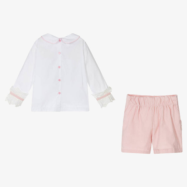 Girl's Beau KiD pink corduroy short set with white Bow ruffle Shirt Set