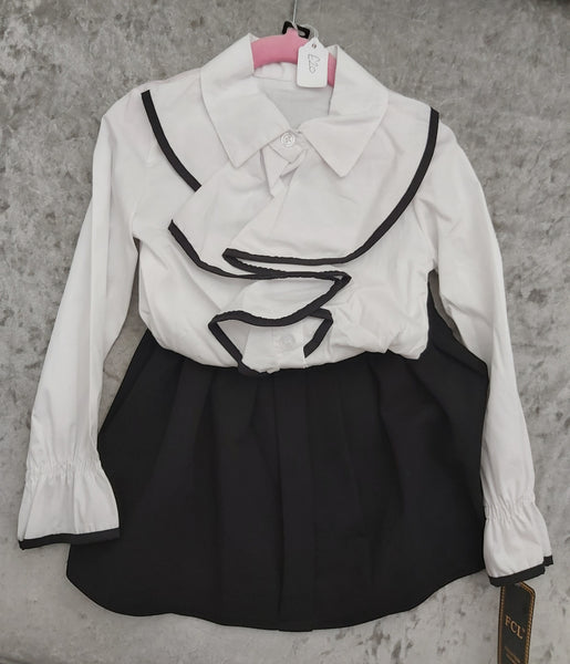 Girl's White Ruffle shirt with black trim & Black Skirt