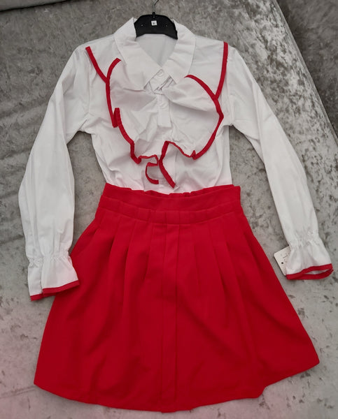 Girls Red Skirt with white Ruffle shirt Set
