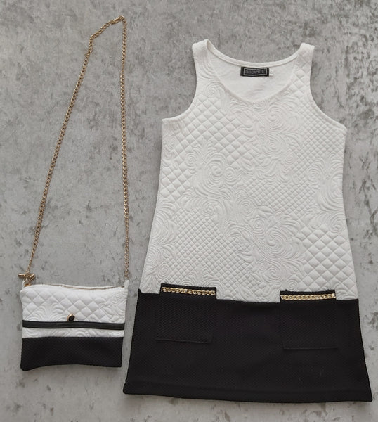 Girl's 3-piece White & Black jacket, Dress & Bag outfit