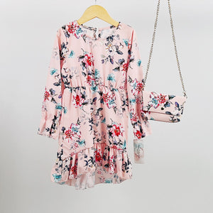 Girl's Light Pink Long Sleeve Floral Dress & Bag