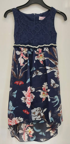 Girl's Navy  floral Dip Hem