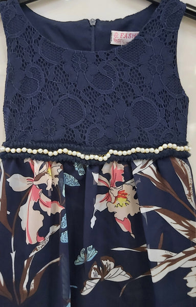 Girl's Navy  floral Dip Hem