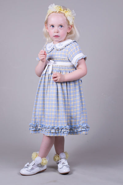 Baby & Girl's Blue & Yellow Check Smock Rocking Horse Dress