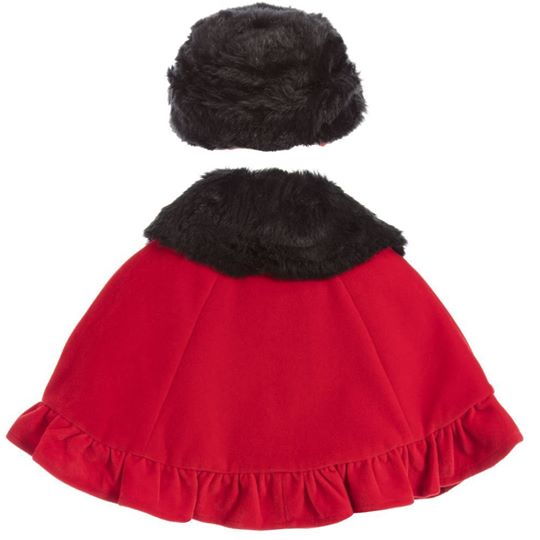 Girl's Couche Tot Red Cape with Black Faux Fur Collar and Hat