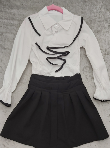 Girl's White Ruffle shirt with black trim & Black Skirt