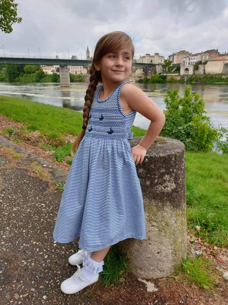 Girls Blue & White Sailor style Smock Dress with ships